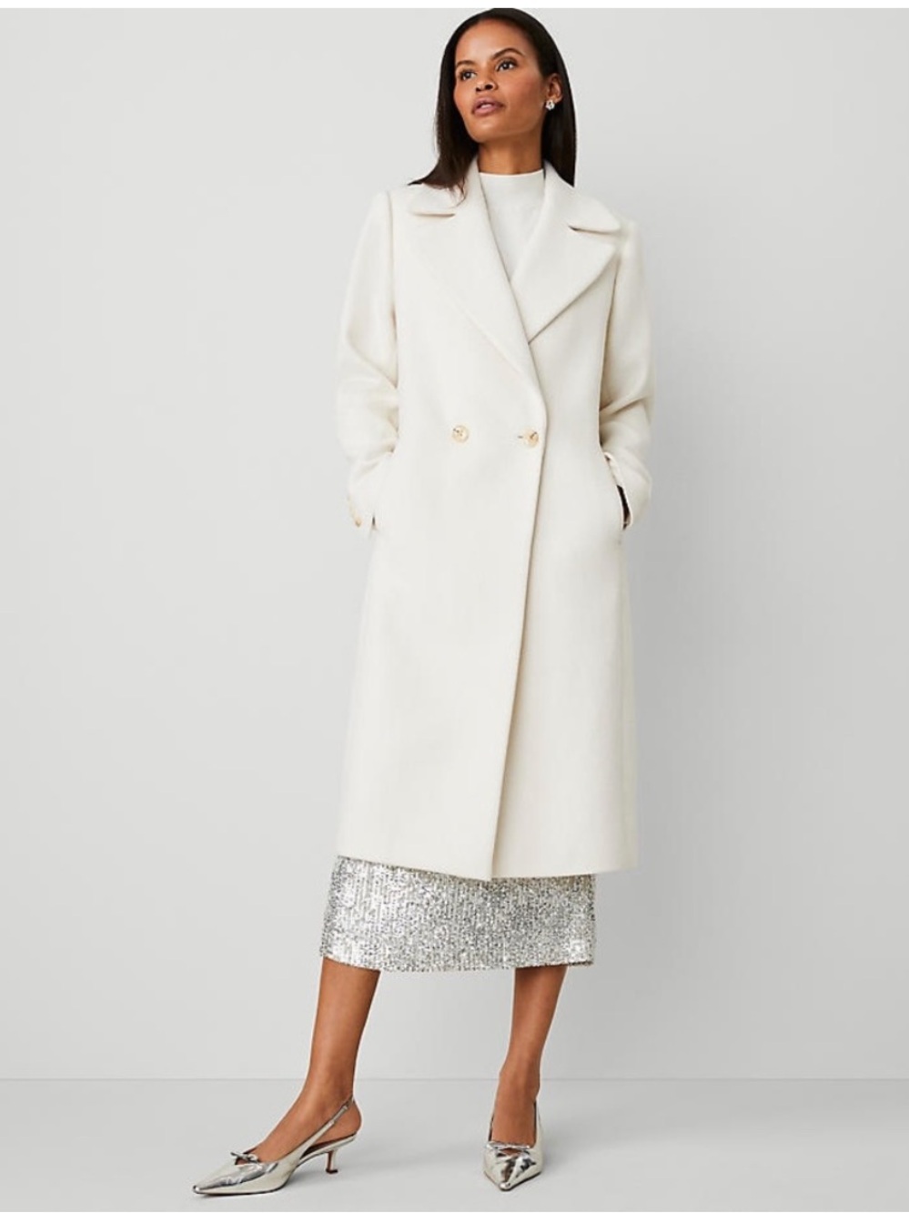 Ann Taylor Women`s Wool Blend Double Breasted Coat Winter White LP Large Petite